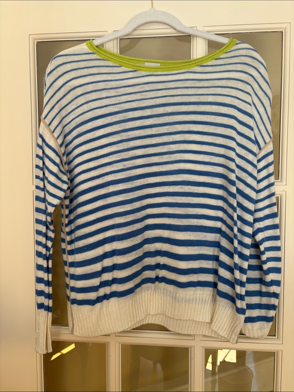 NIC+ZOE Blue & White Striped Sweater with Lime Neck Trim